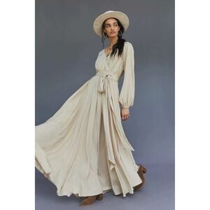 Erika Pena Draped Wrap Maxi Dress Light Sand Beige V-Neck Long Sleeve S/M NWT